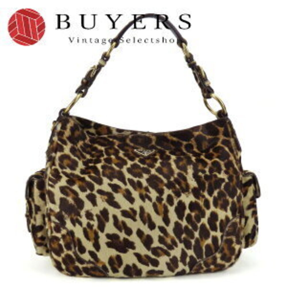 Prada Shoulder Bag Calf Hair Brown Beige One Shoulder Hobo Leopard